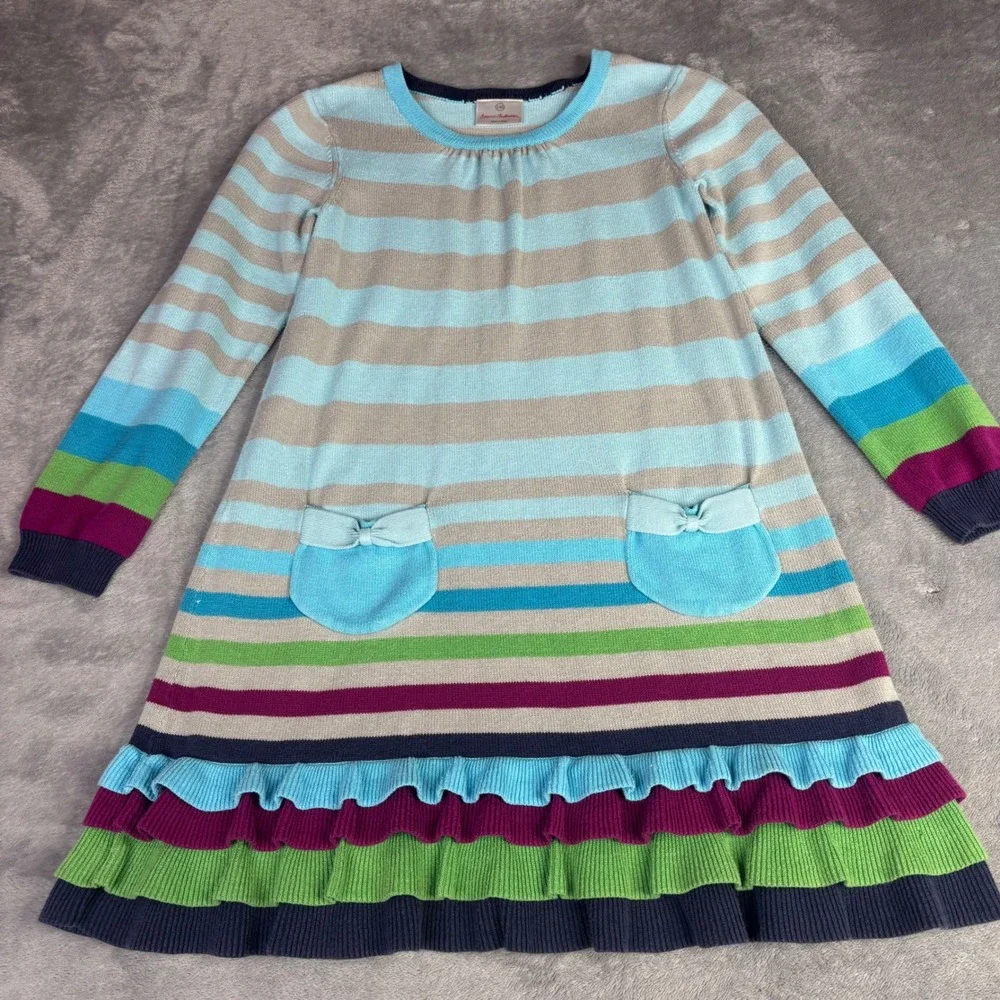 Hanna Andersson Sweater Dress‎ Girls 10 Blue Striped Bow Pocket Ruffle Hem 39186